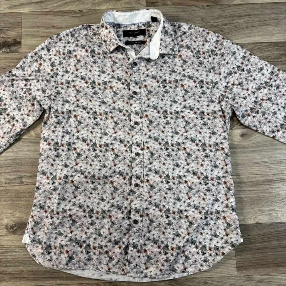 Ted Baker London Regular Fit Leaf Print Mens Button Down Shirt Size 16